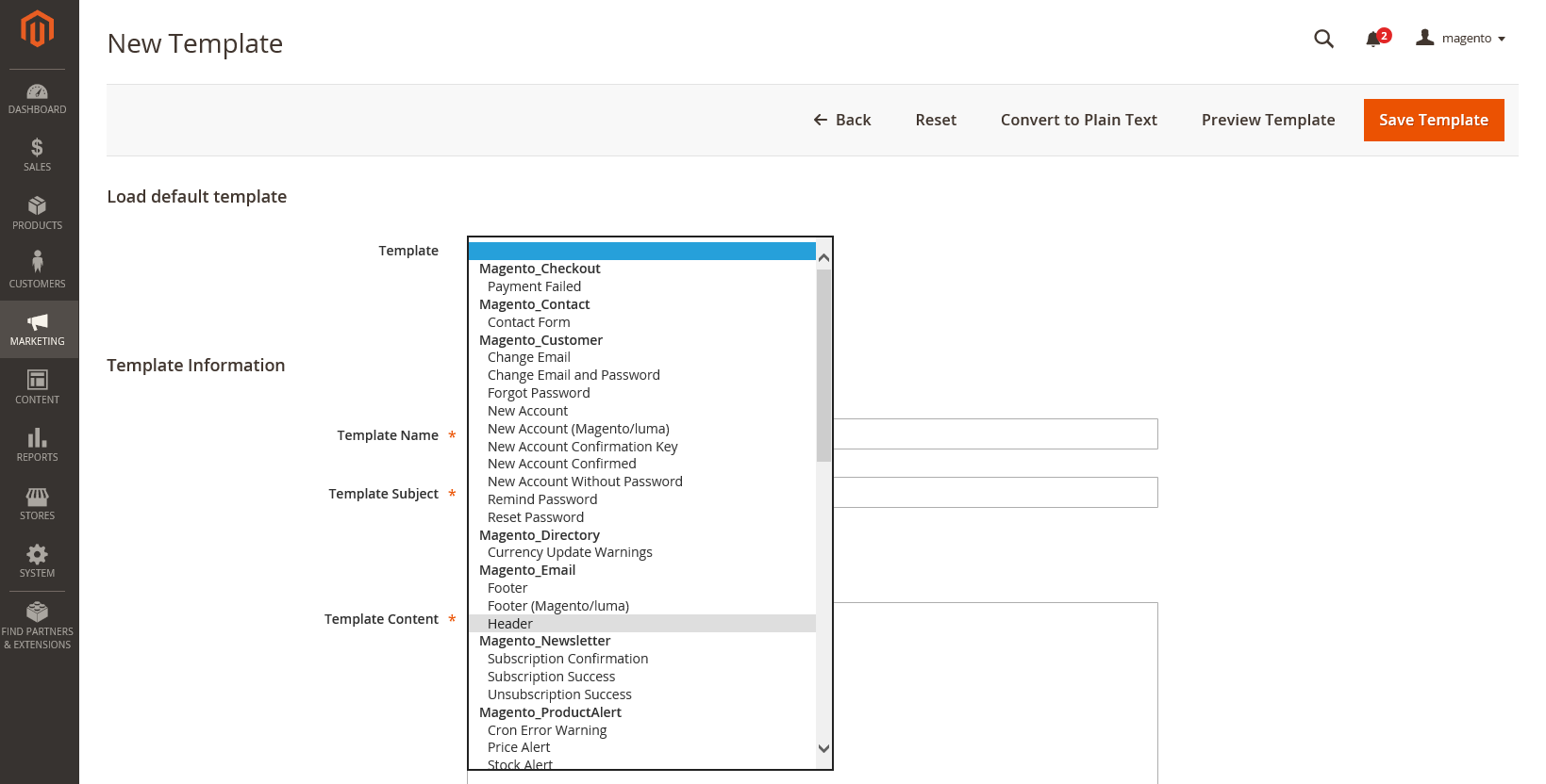 Email template header - load default template