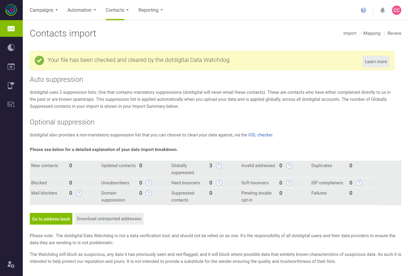 dotdigital - contacts import report
