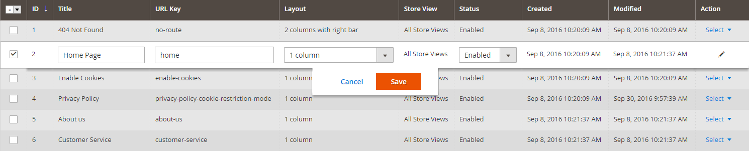 Page properties are editable in the Pages grid