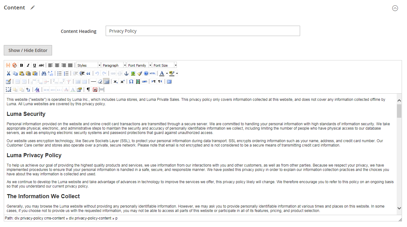 Privacy Policy page - edit content