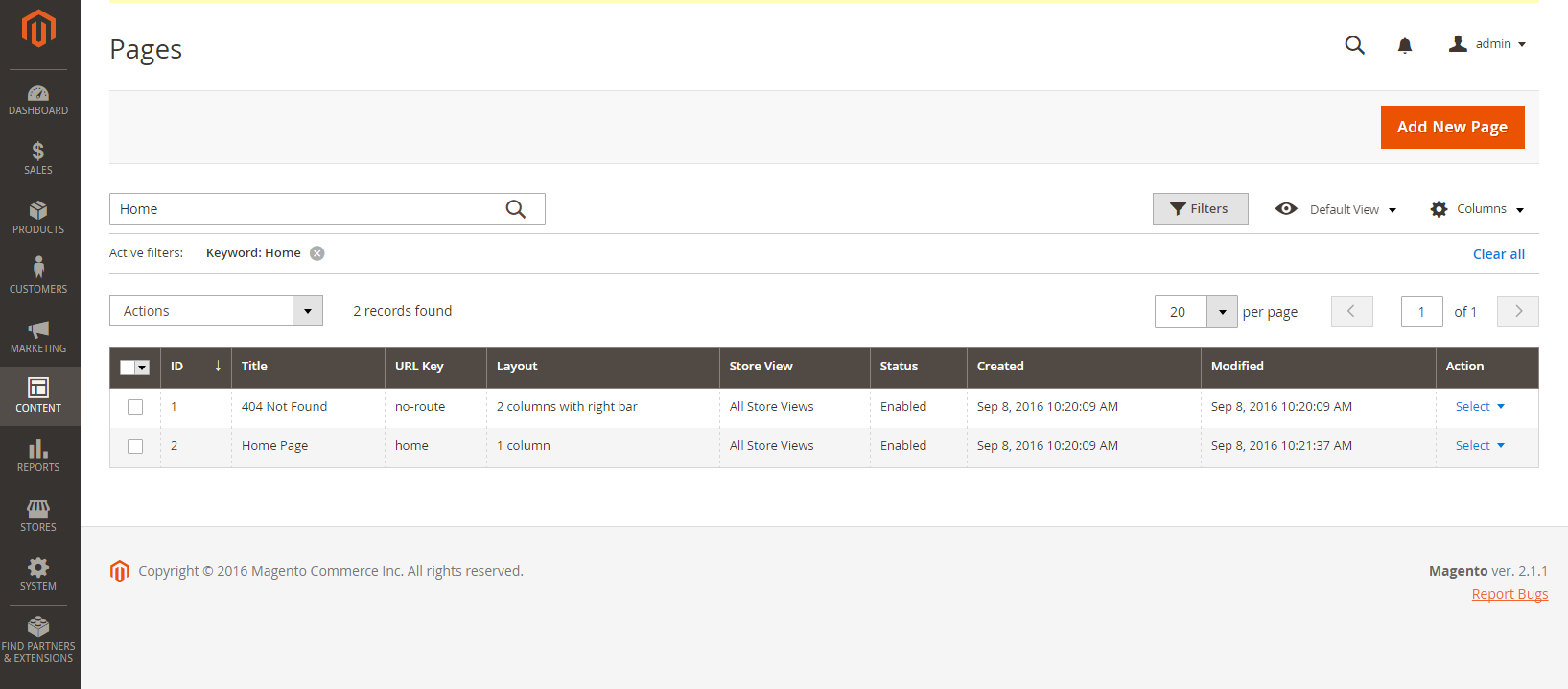 The term Home is entered in the search box to filter the Pages list