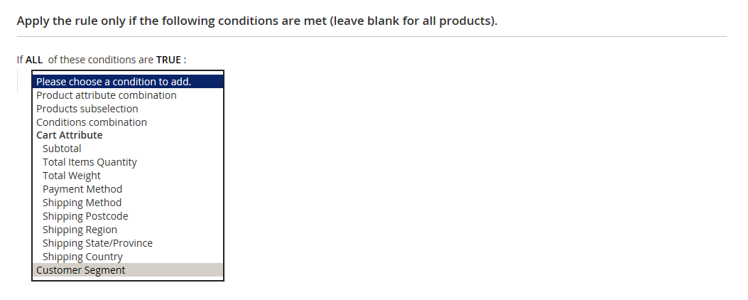 Cart price rule - add customer segment condition