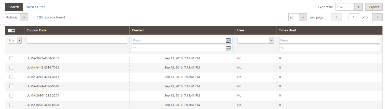 Cart price rule - generated coupon codes