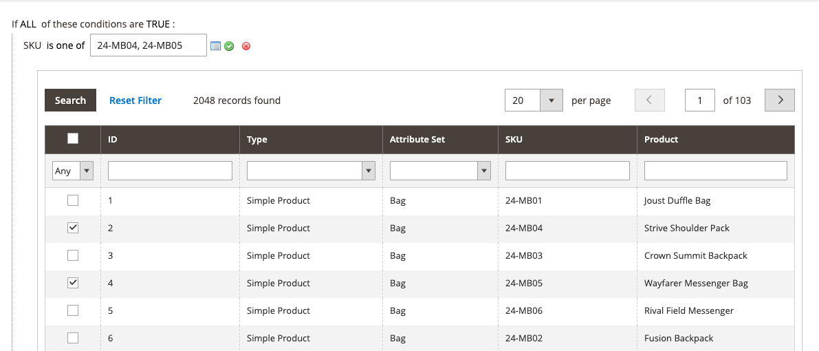 Catalog price rule condition - multiple SKUs