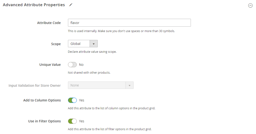 Product attribute - advanced properties