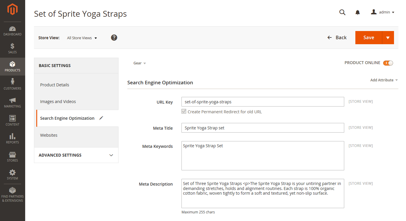 Product settings - search engine optimization
