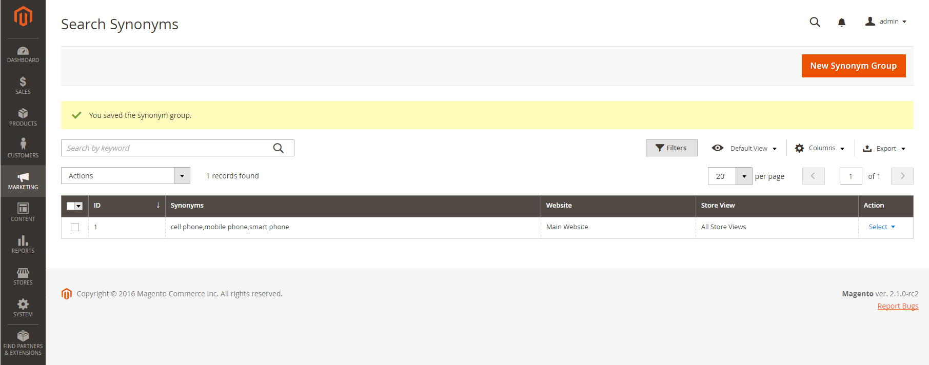 Search synonyms group grid - saved group