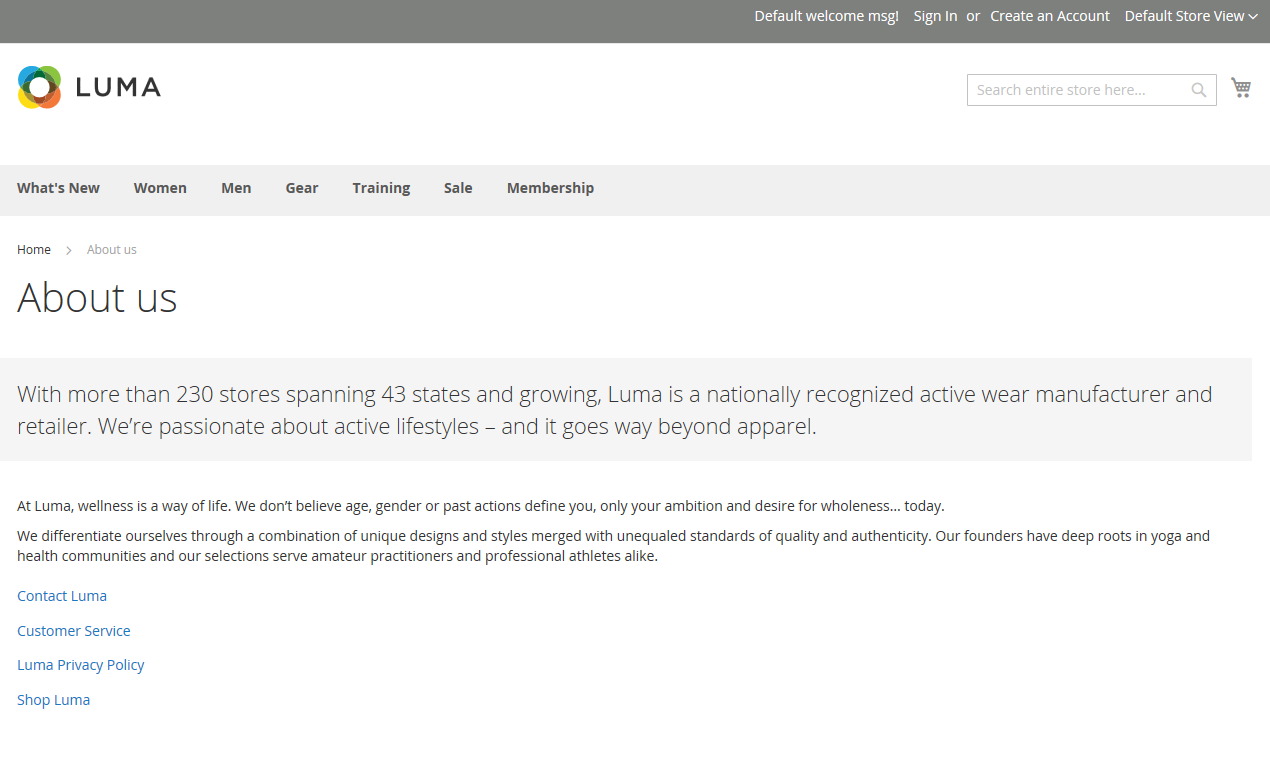 The About Us page included with the sample Luma store 