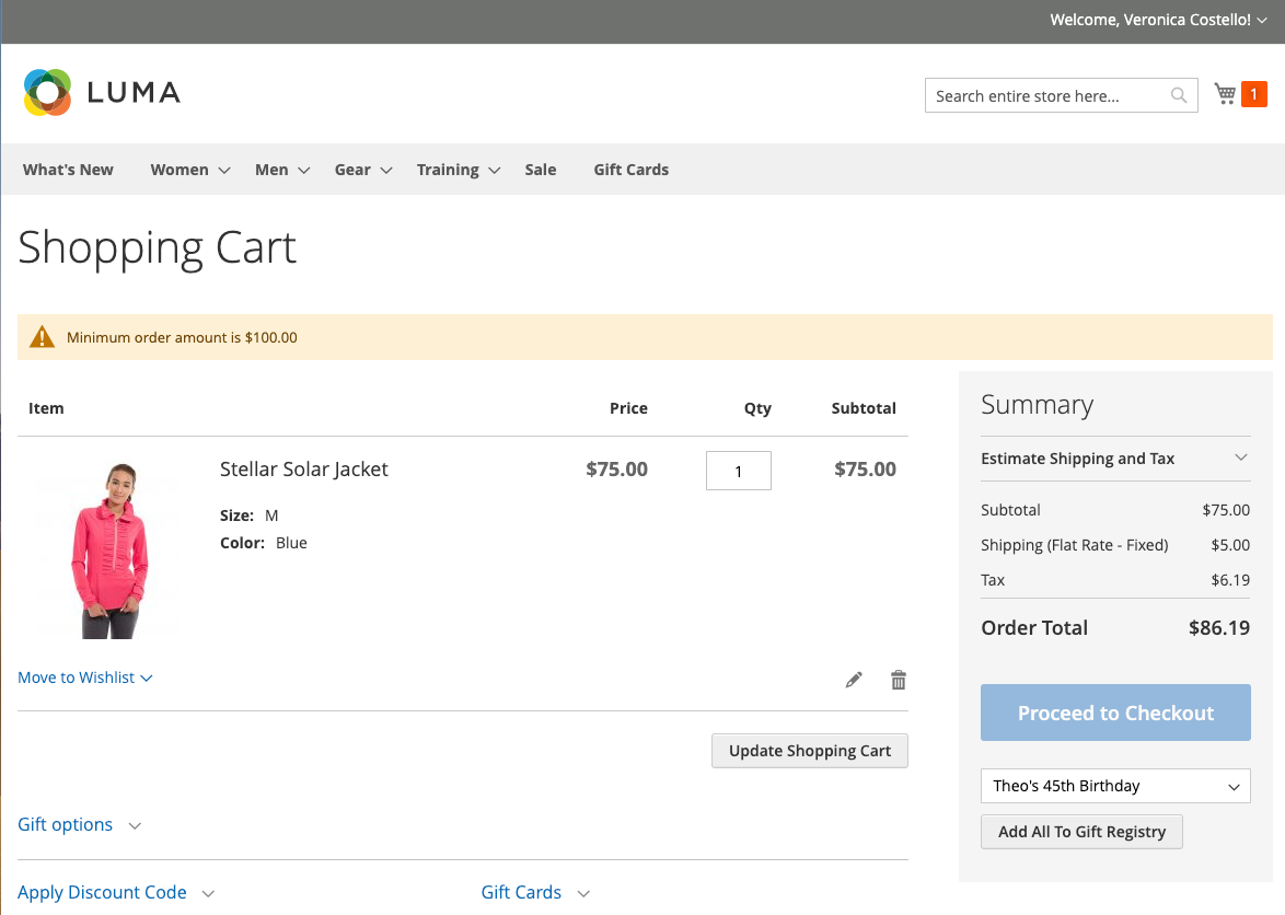 Th shopping cart displays the message "