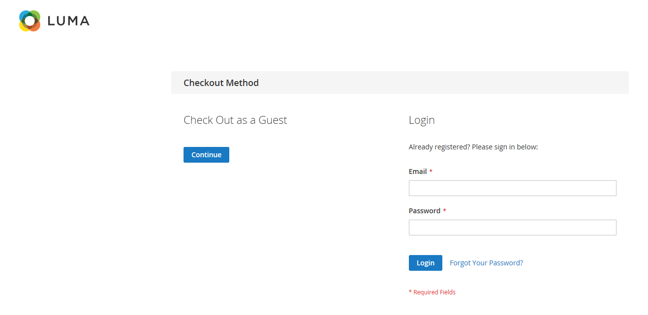 The sample Luma store displays Check Out as Guest
