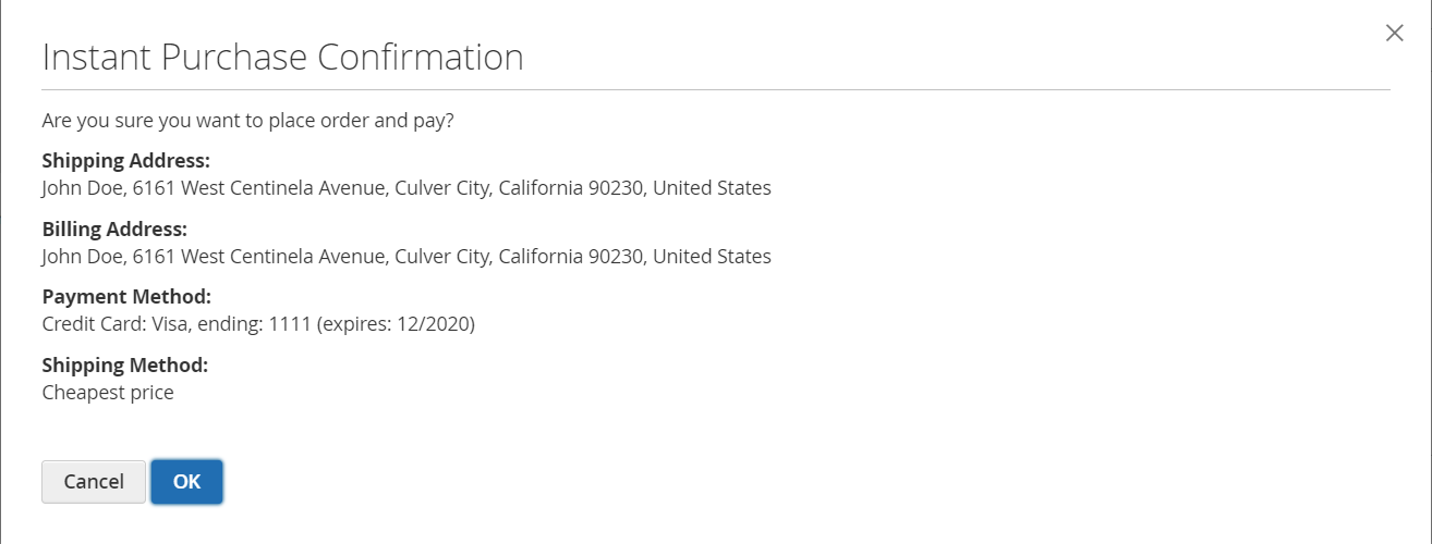 The shopper sees a confirmation dialog to confirm the instant purchase