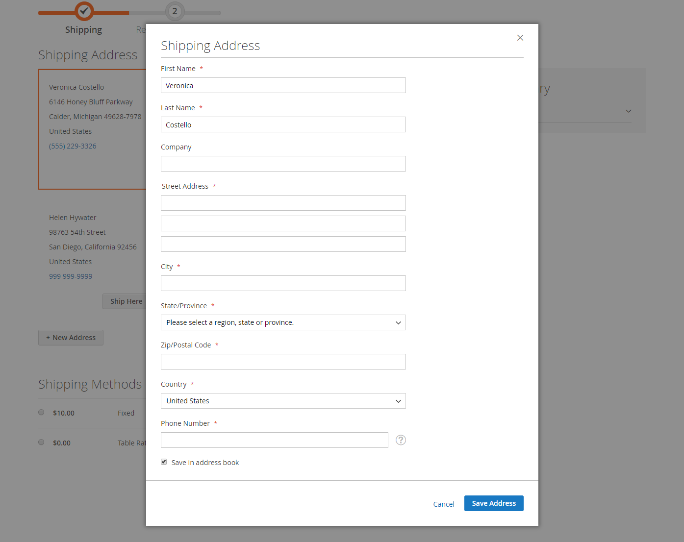 The Shipping Address form includes name and address information