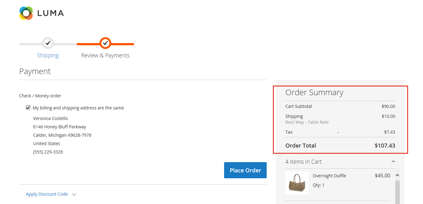 The Order Summary displays the checkout total