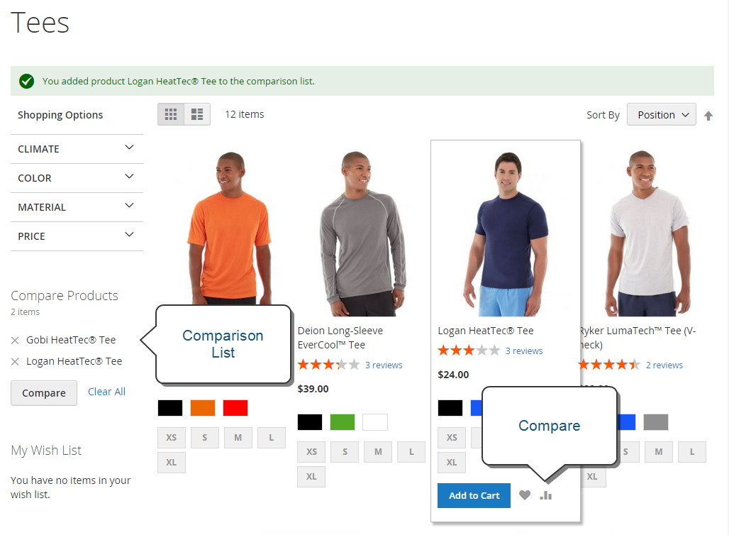 Example storefront - comparison list