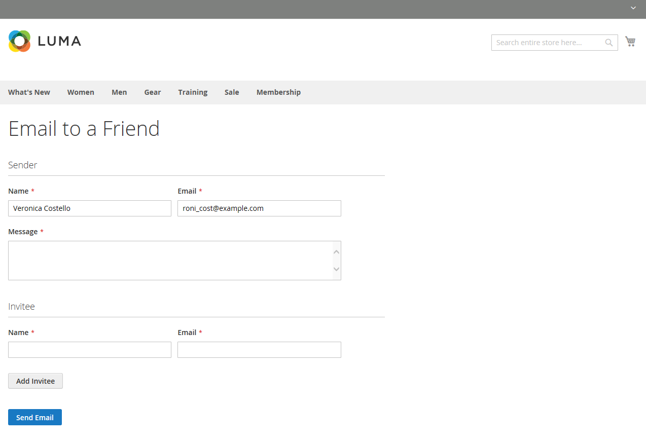Example storefront - email to a friend