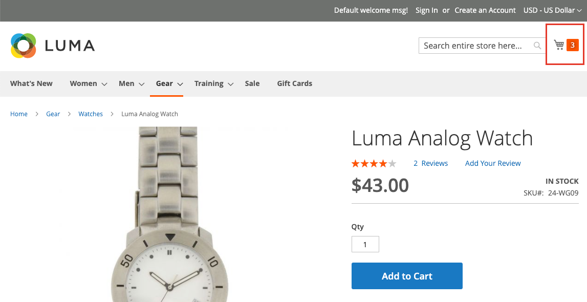 The store page displays a linked cart icon at the upper right corner of the page