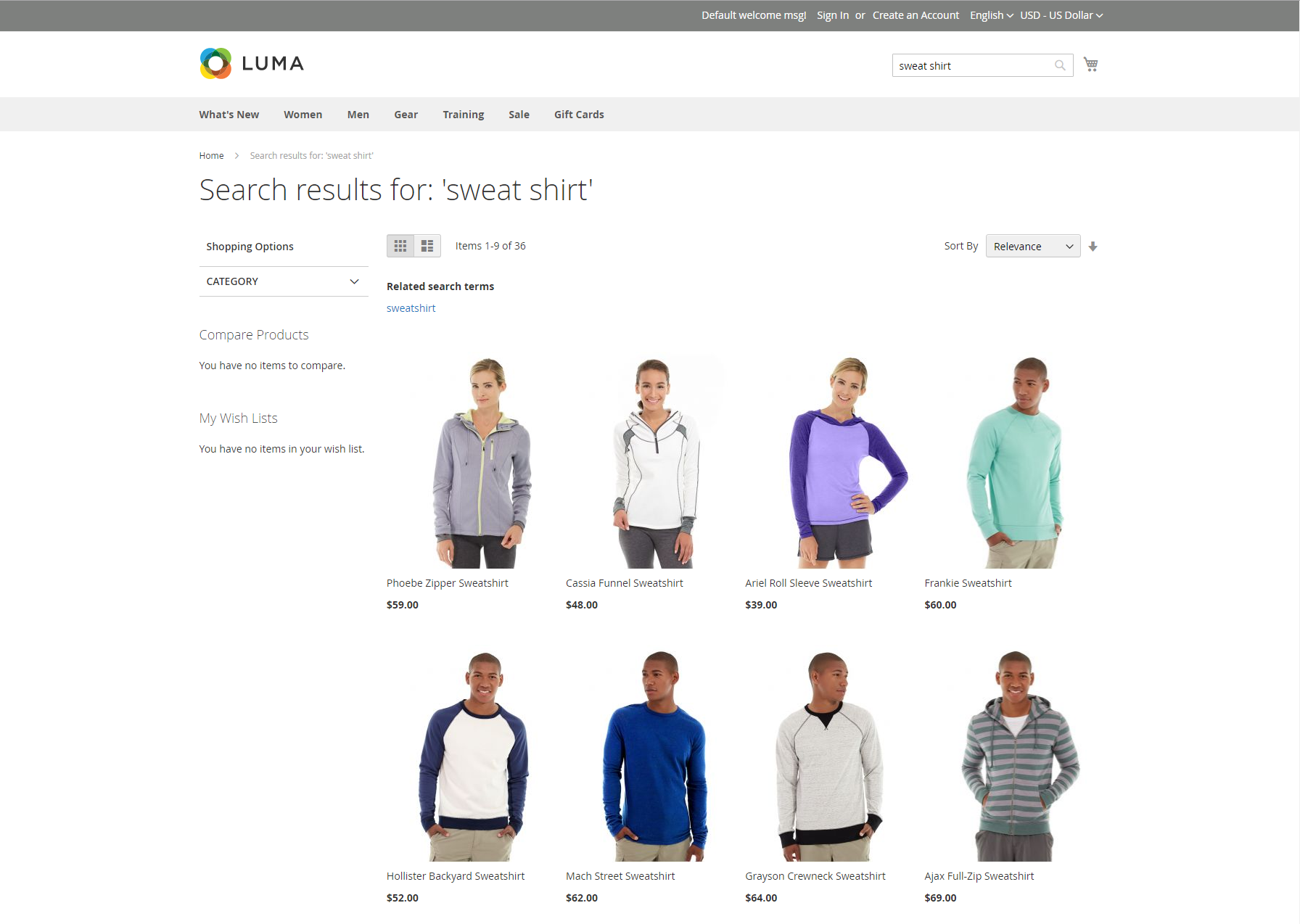 Example storefront - search results with synonyms