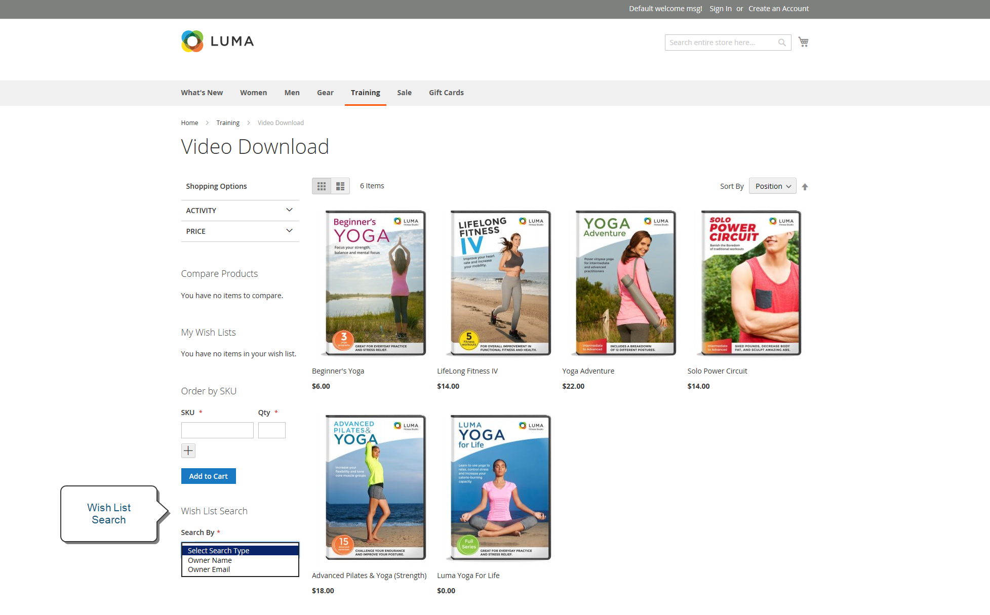 Example storefront - wish list search
