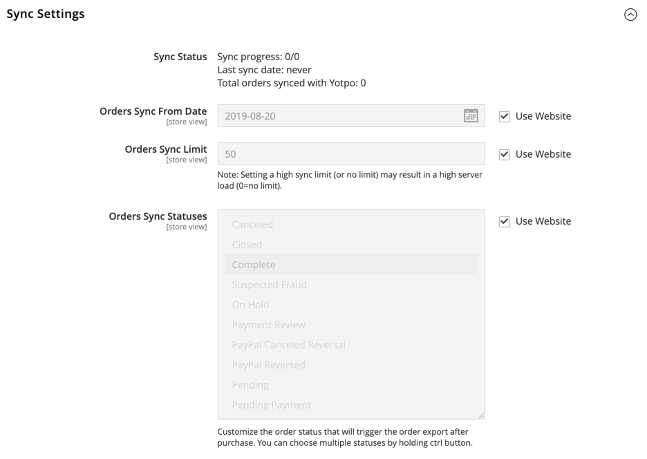 Yotpo configuration - sync settings