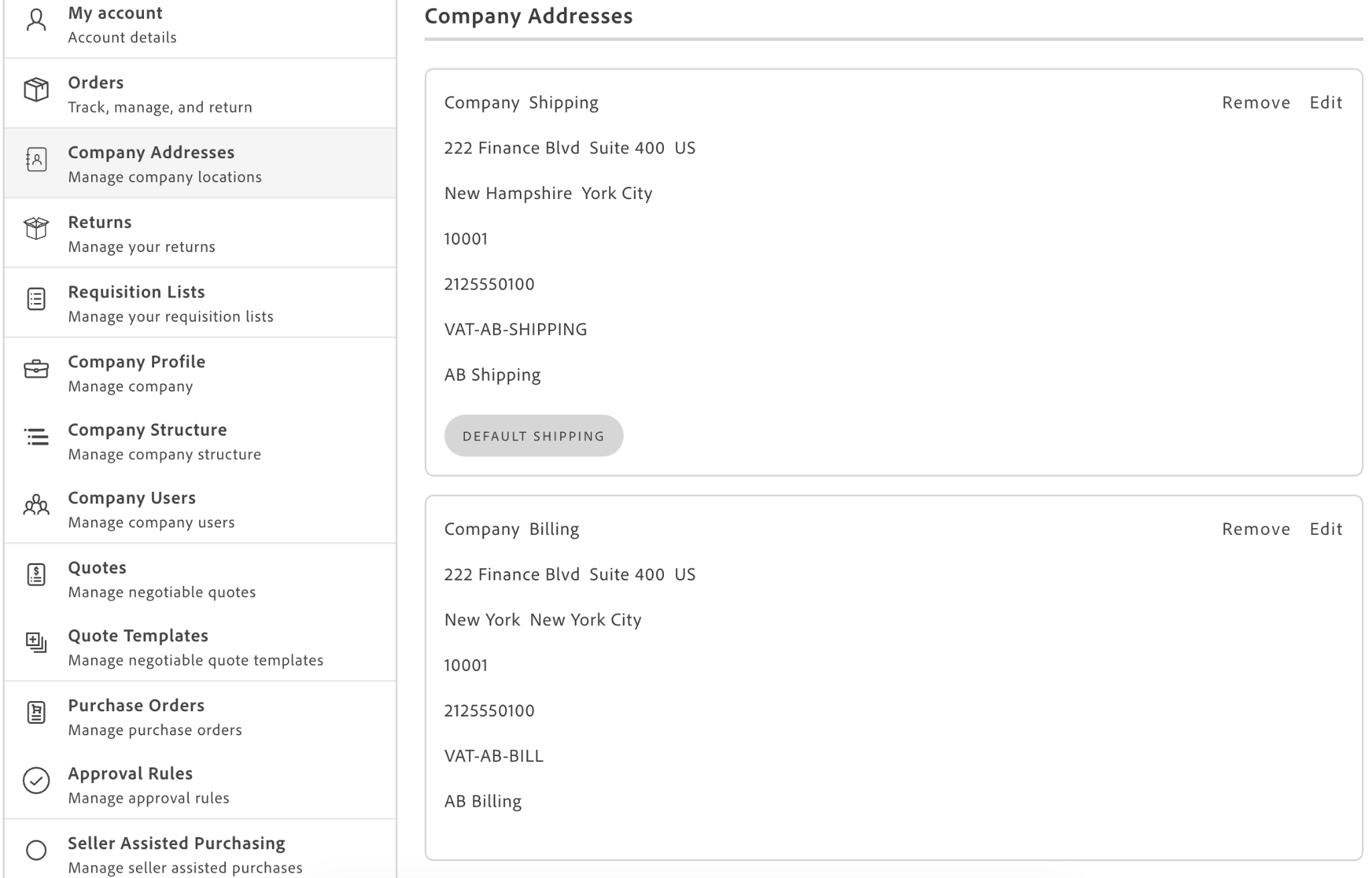 Company Addresses page in My Account, showing shared company shipping and billing addresses