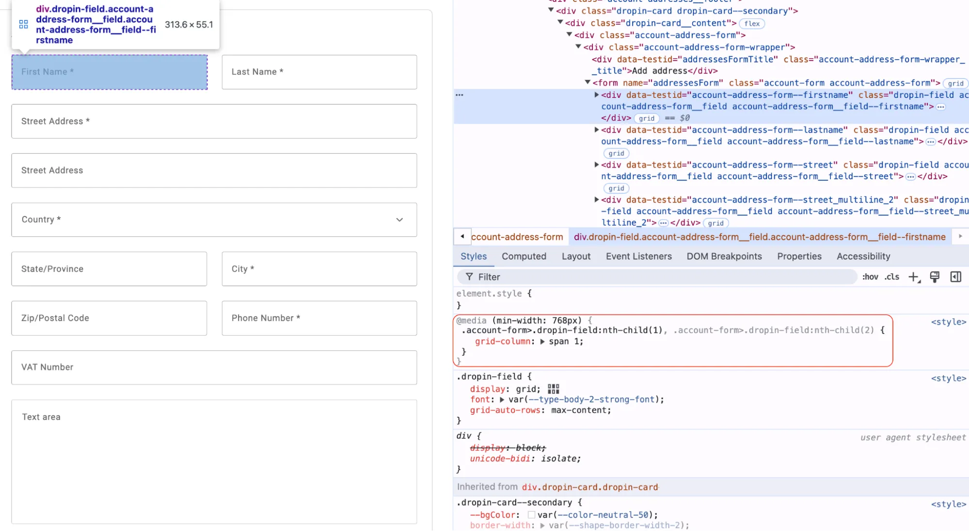 Default AddressForm container