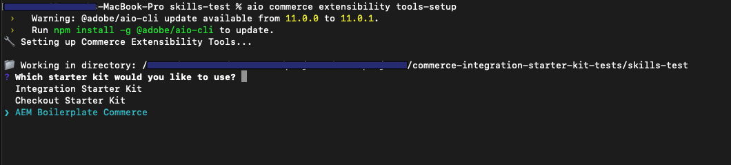 CLI prompt with AEM Boilerplate Commerce selected in the starter kit menu