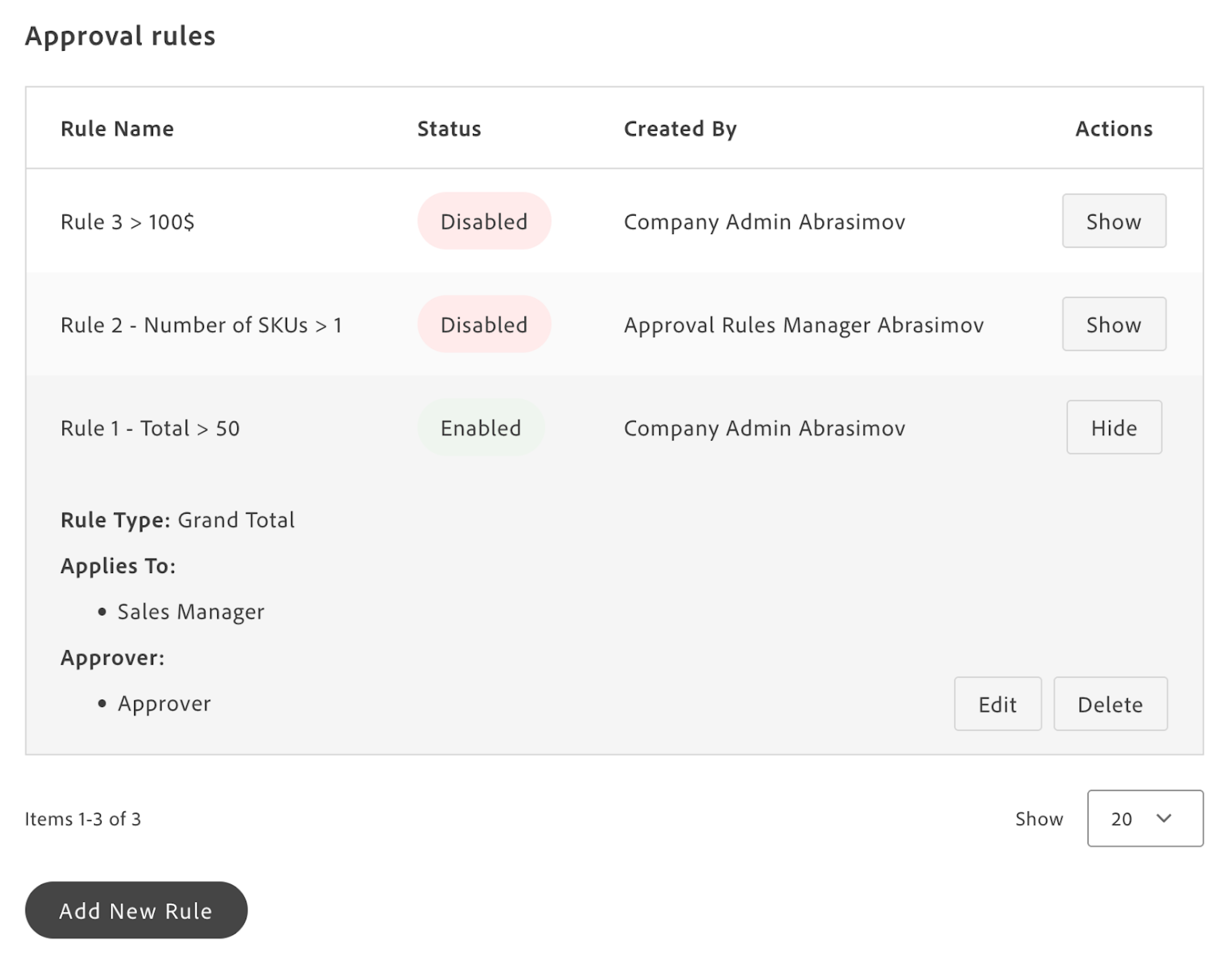 ApprovalRulesList container