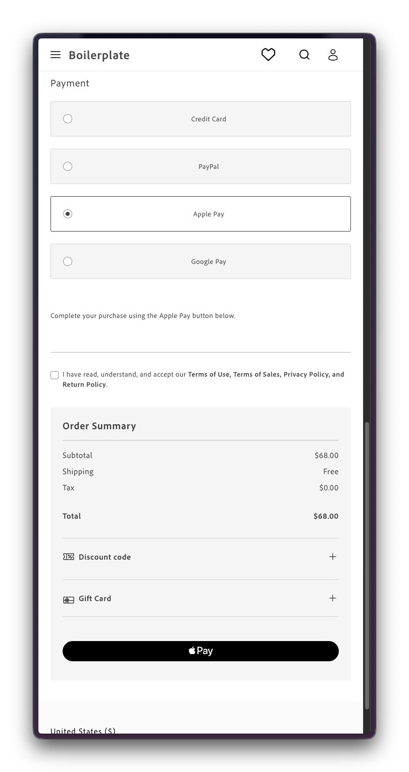 Apple Pay button on the checkout page