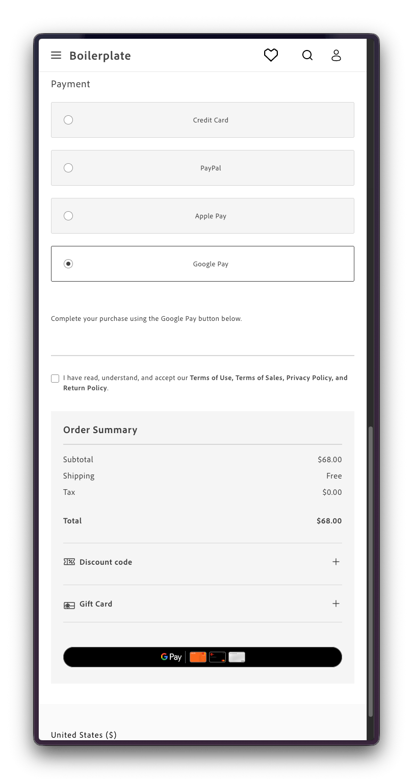 Google Pay button on the checkout page