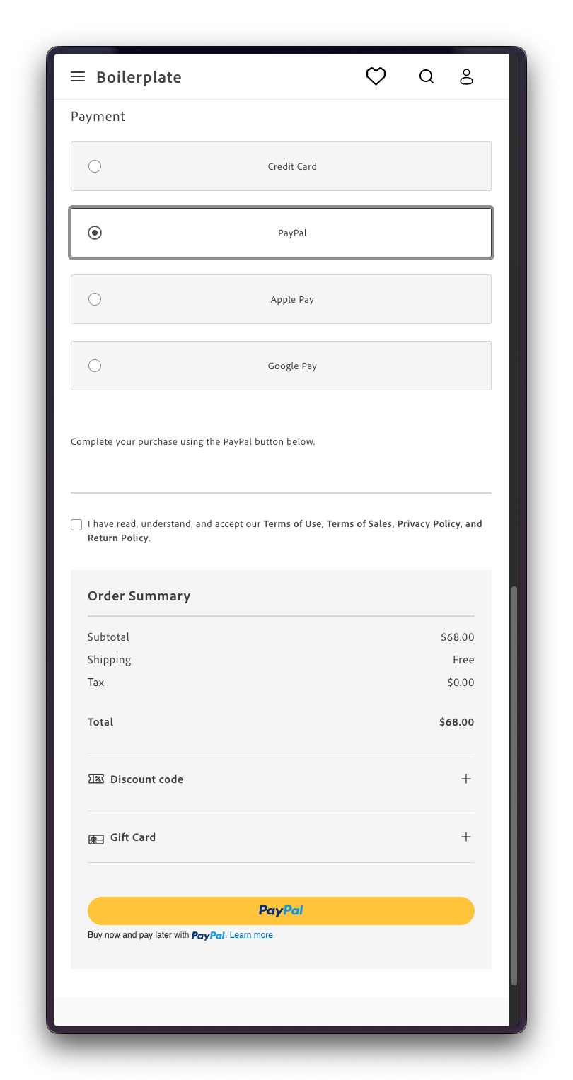 PayPal button on the checkout page