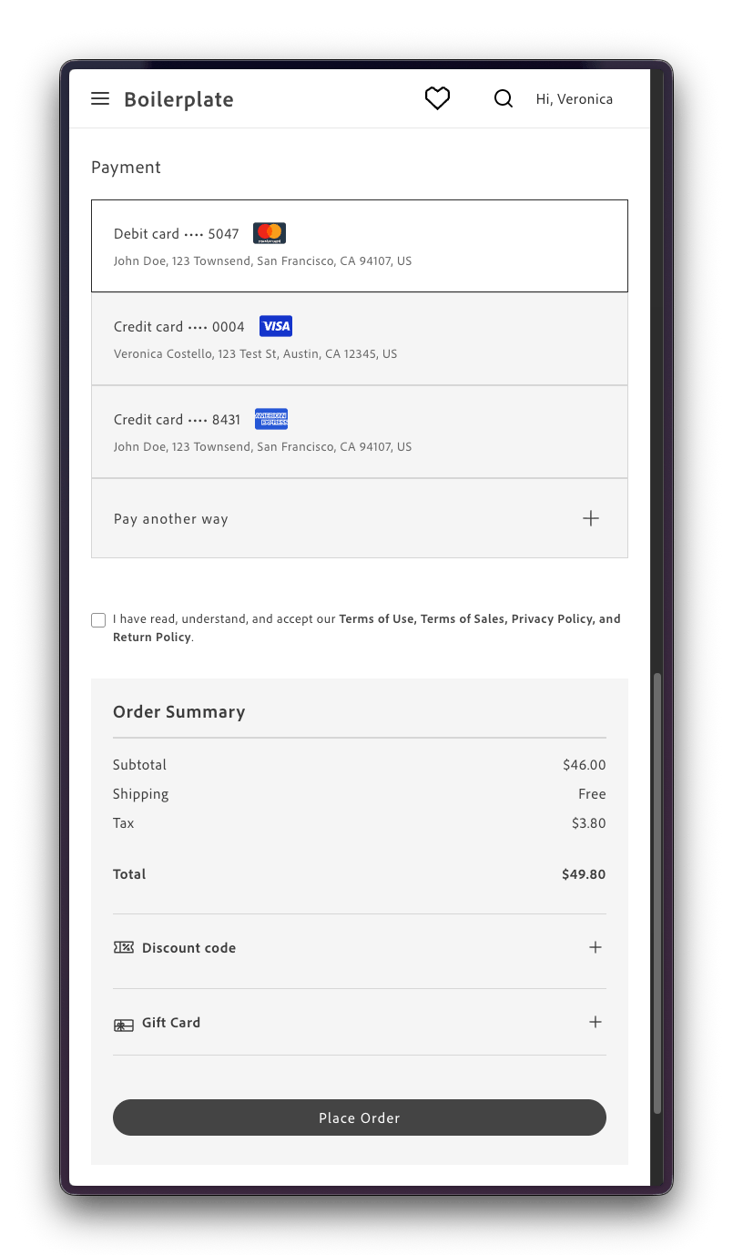 Selecting a saved card during checkout