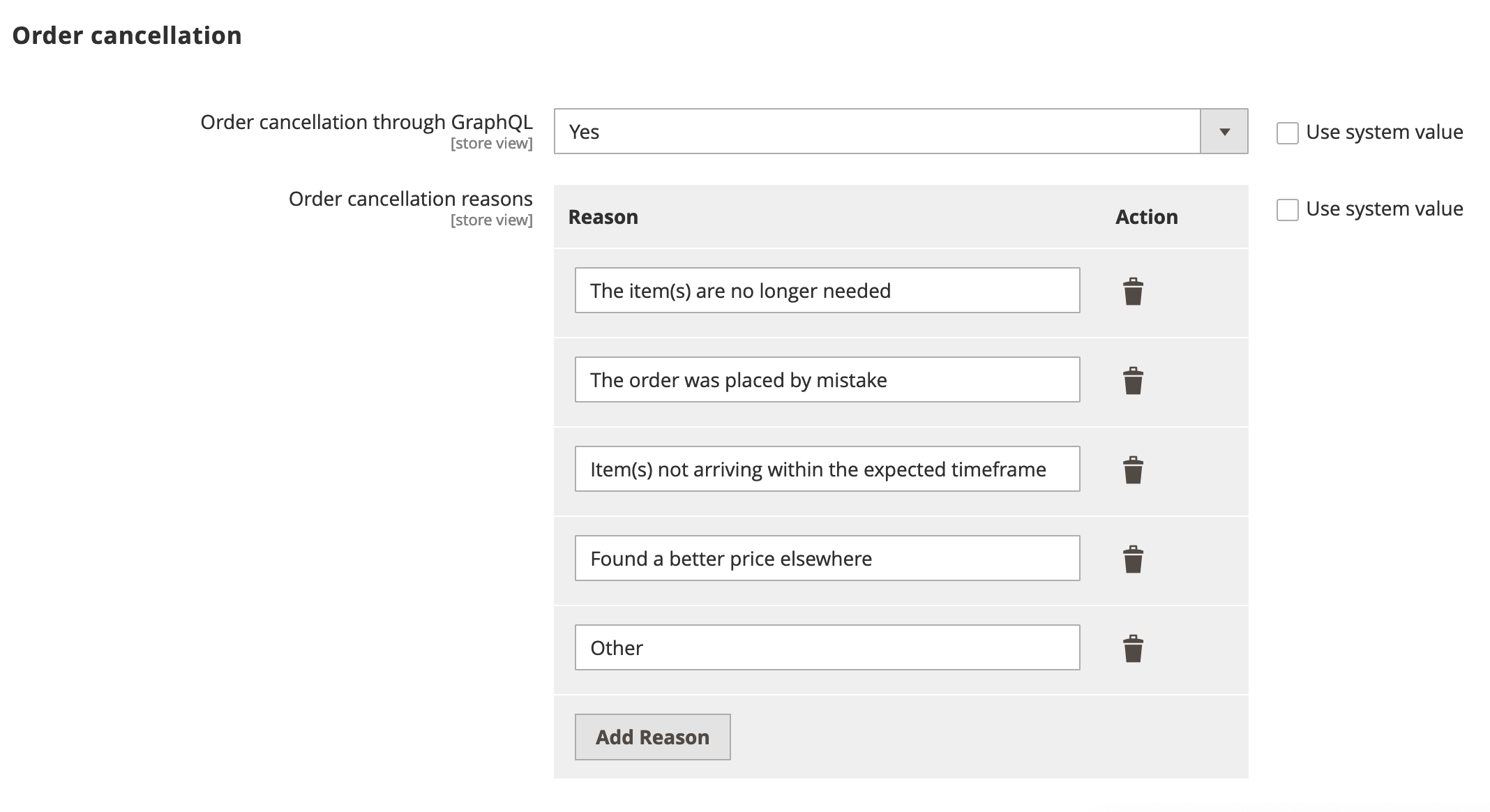 Order cancellation configuration options