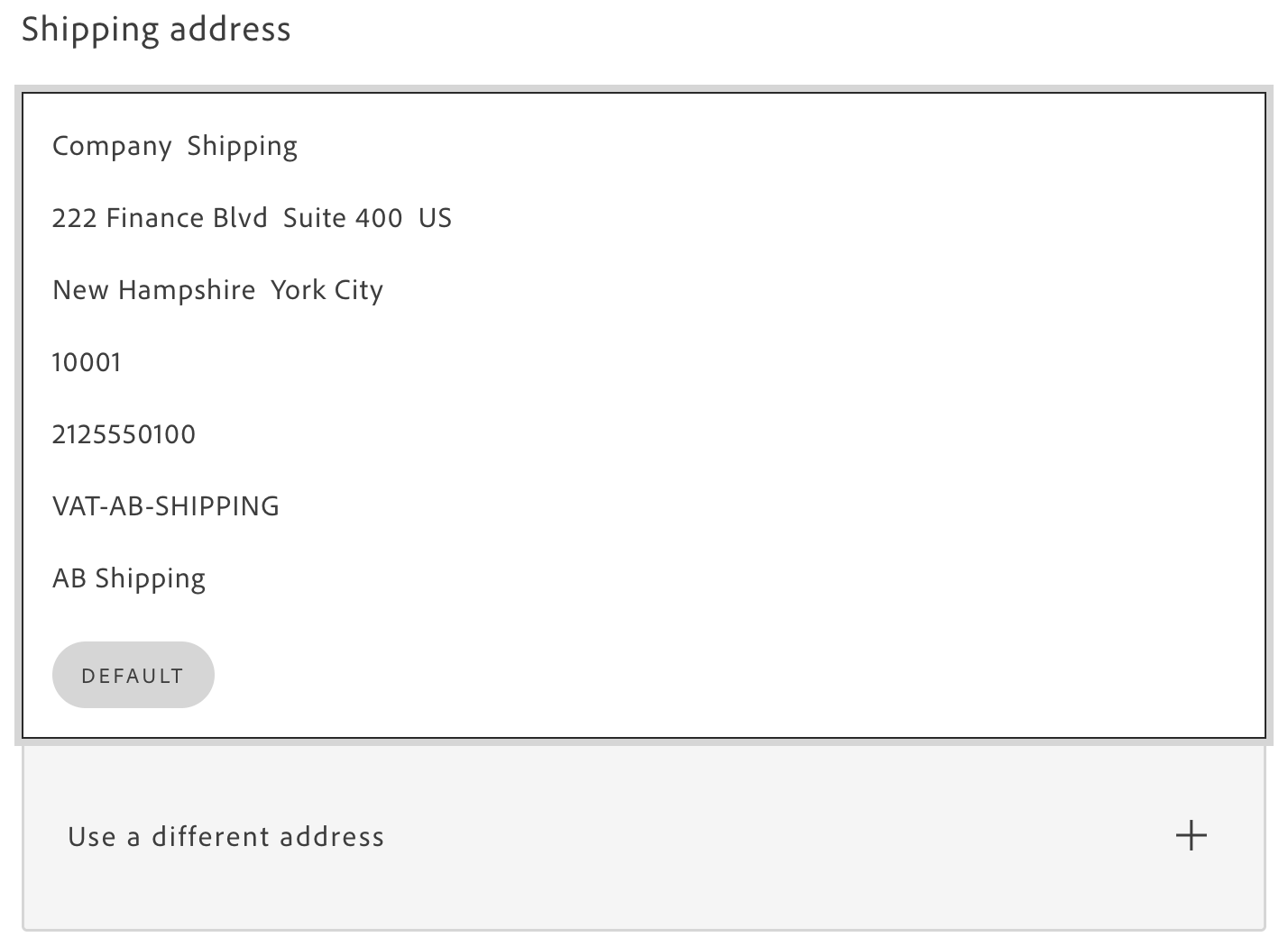 Checkout shipping step showing a selected company shipping address and the option to use a different address