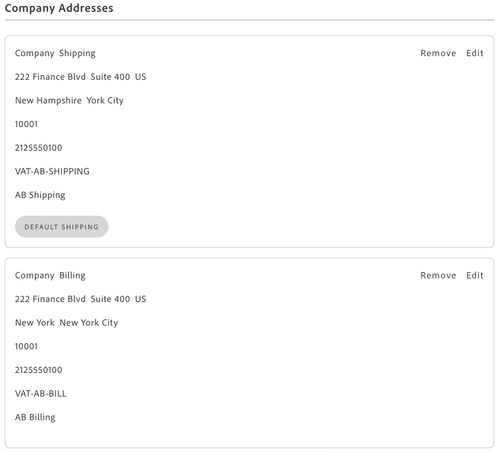 Addresses container rendering the company address book with company shipping and billing cards