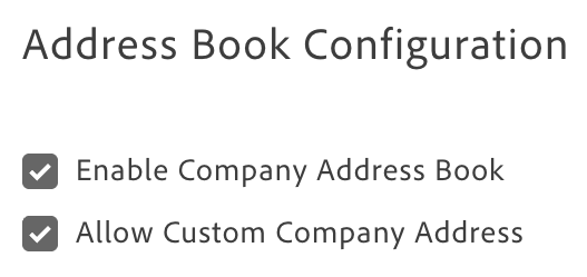 Address Book Configuration in the company profile edit form, with Enable Company Address Book and Allow Custom Company Address checkboxes
