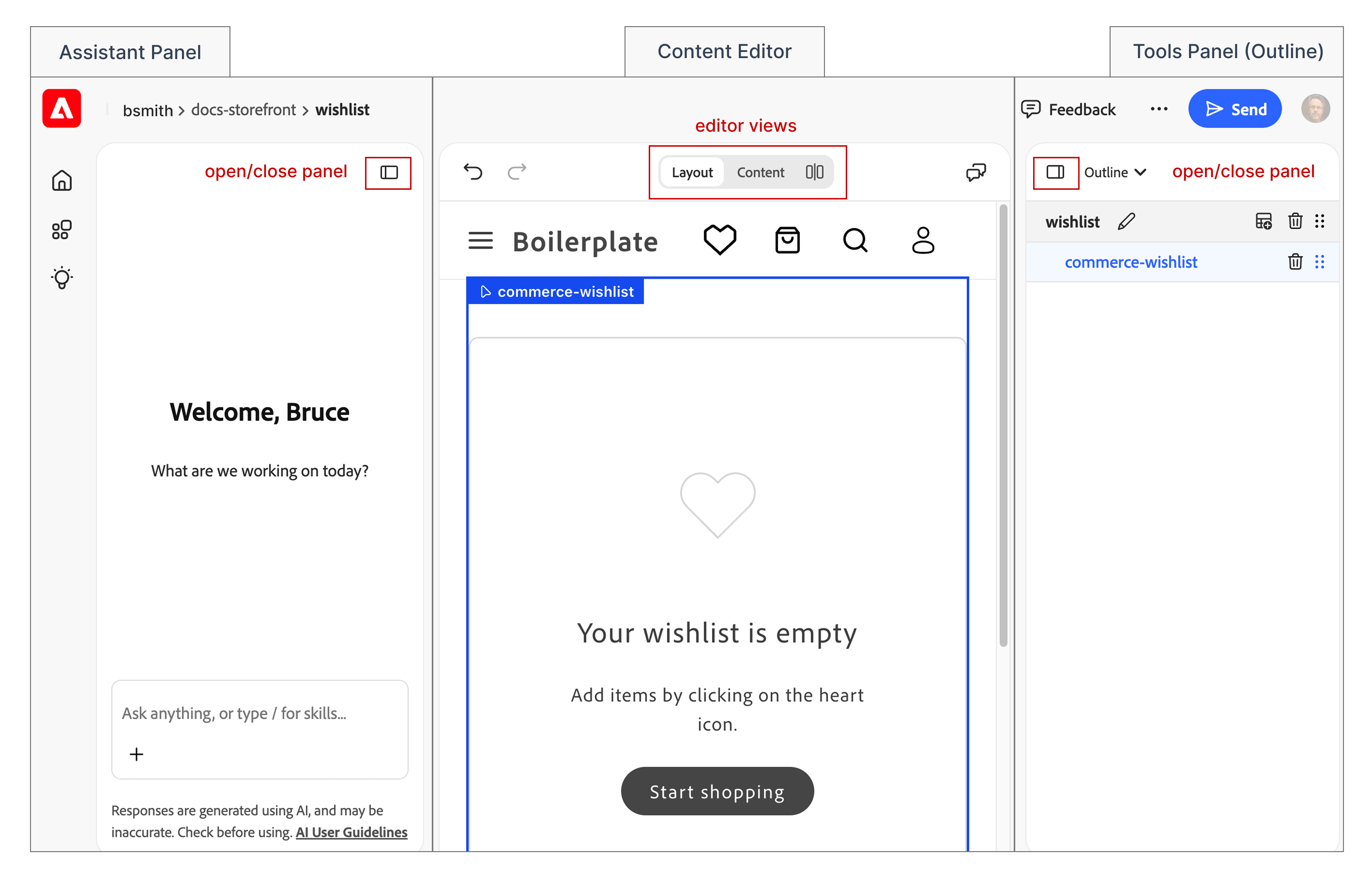 Experience Workspace with the AI assistant panel, a rendered page in Layout mode, and the Outline tools panel.