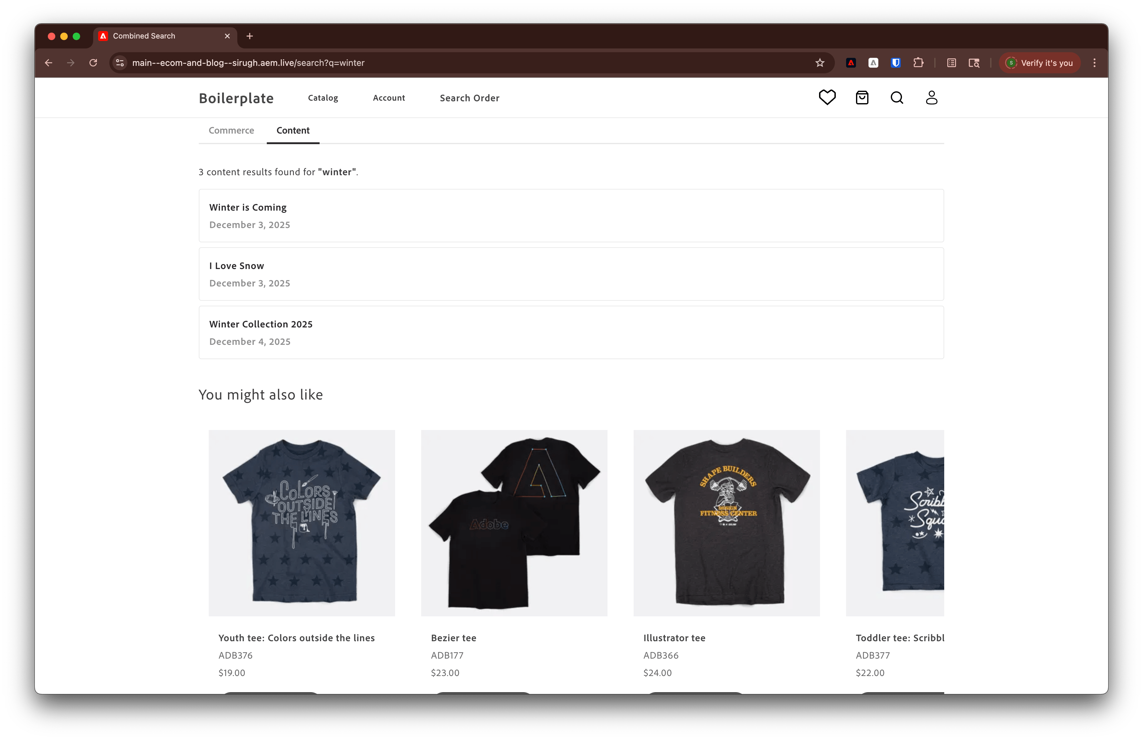Content tab showing blog posts and articles related to winter