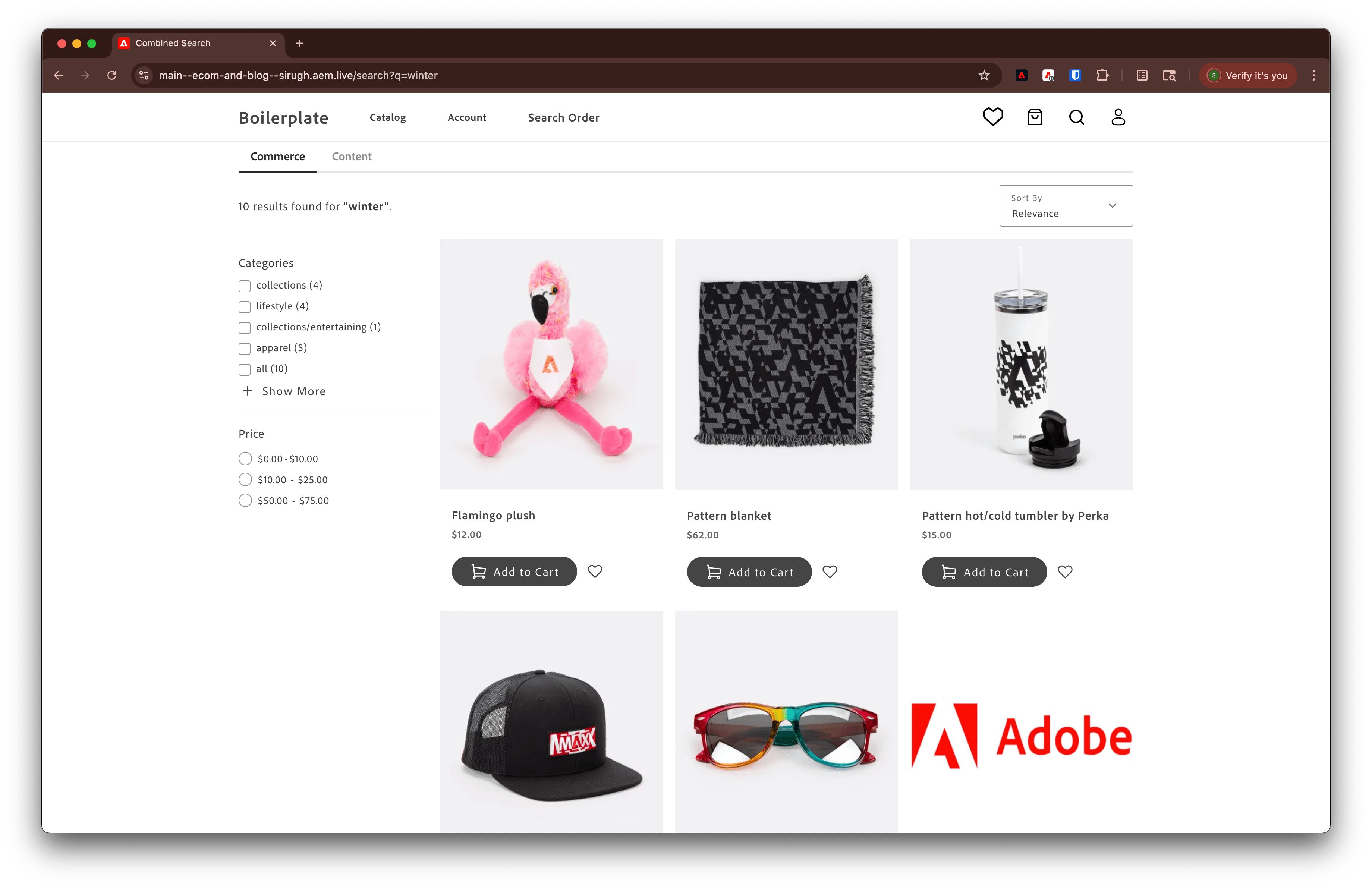 Federated search results showing search input, Products and Content tabs, with product cards displayed in the Products tab