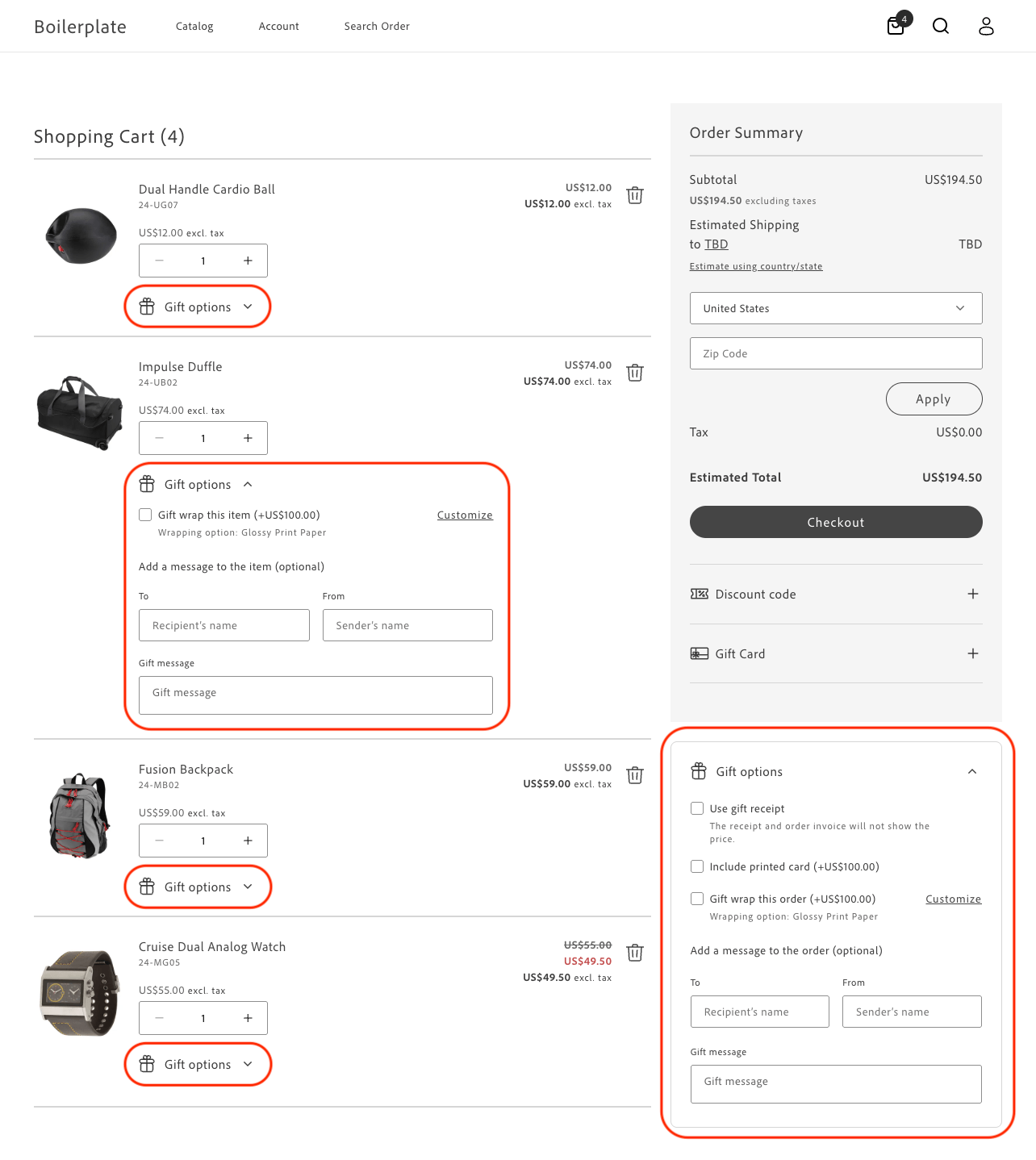 GiftOptions container with all available options