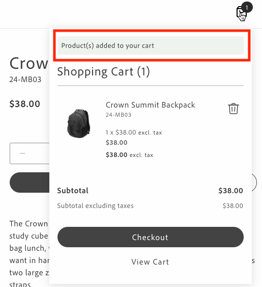 Minicart inline message