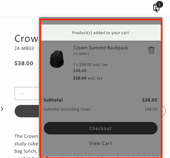 Minicart overlay message
