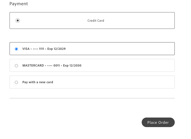 Checkout with a stored Visa card selected
