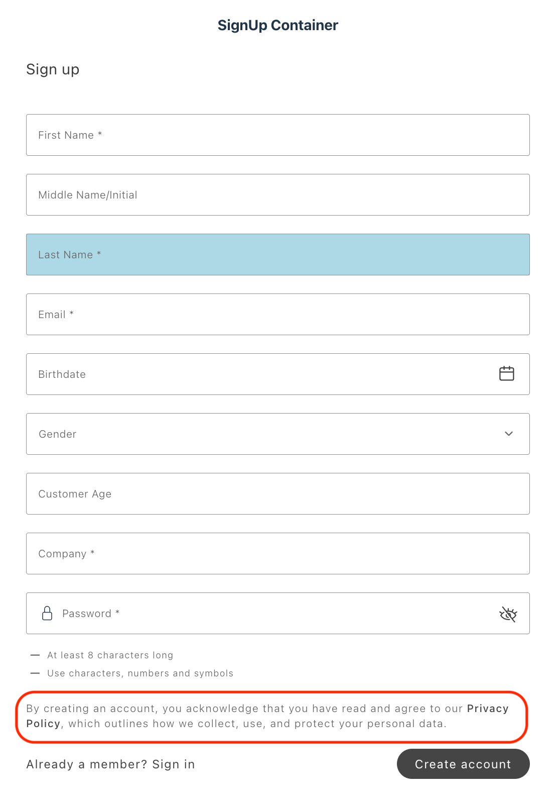 SignUp container with PrivacyPolicyConsent