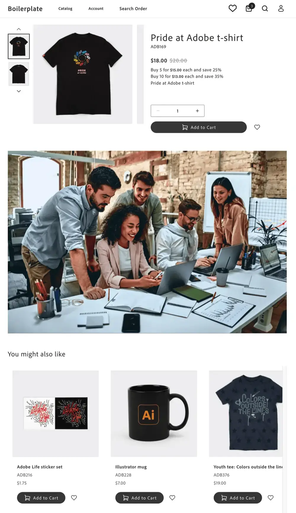 Demo storefront product page for the Pride at Adobe t-shirt, with product images, price, quantity selector, and Add to Cart button, followed by content cards, a team photo, product recommendations, and the footer.