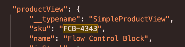 productView JSON excerpt with an uppercase SKU