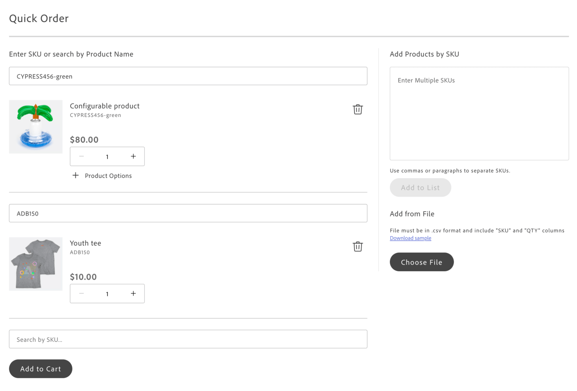 Quick Order page layout showing product list, multiple SKU text area, and CSV file upload with sample download