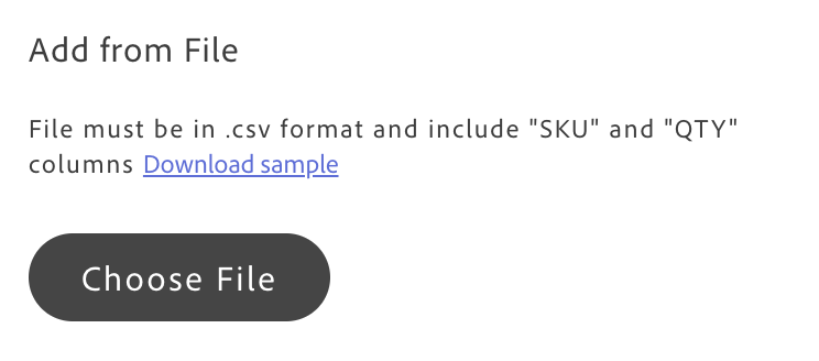 QuickOrderCsvUpload container showing file upload area and sample CSV download button