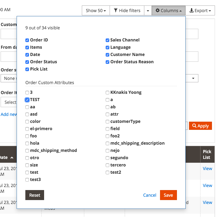 Enable custom attribute visibility in order grid