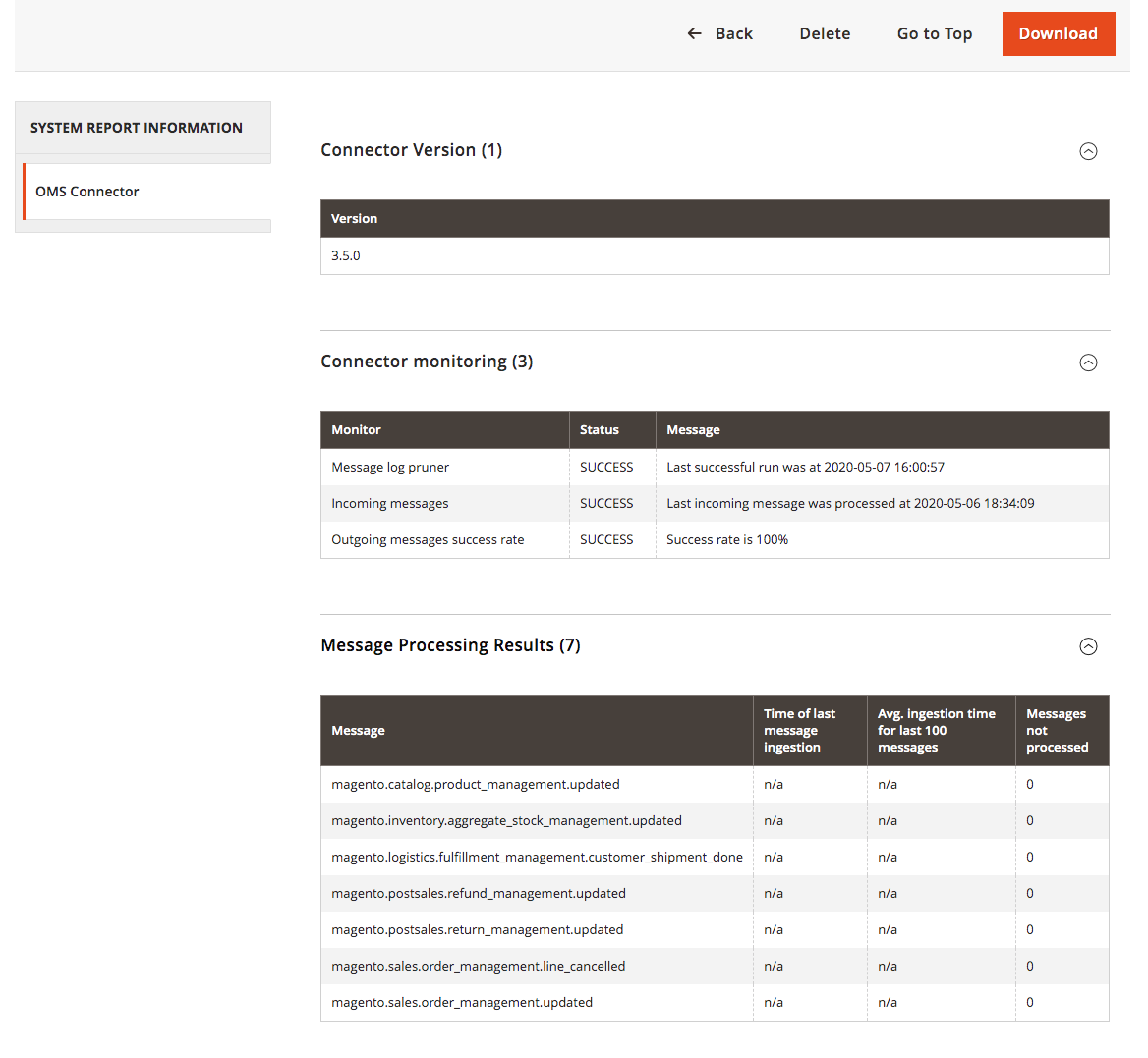 Message processing results system report