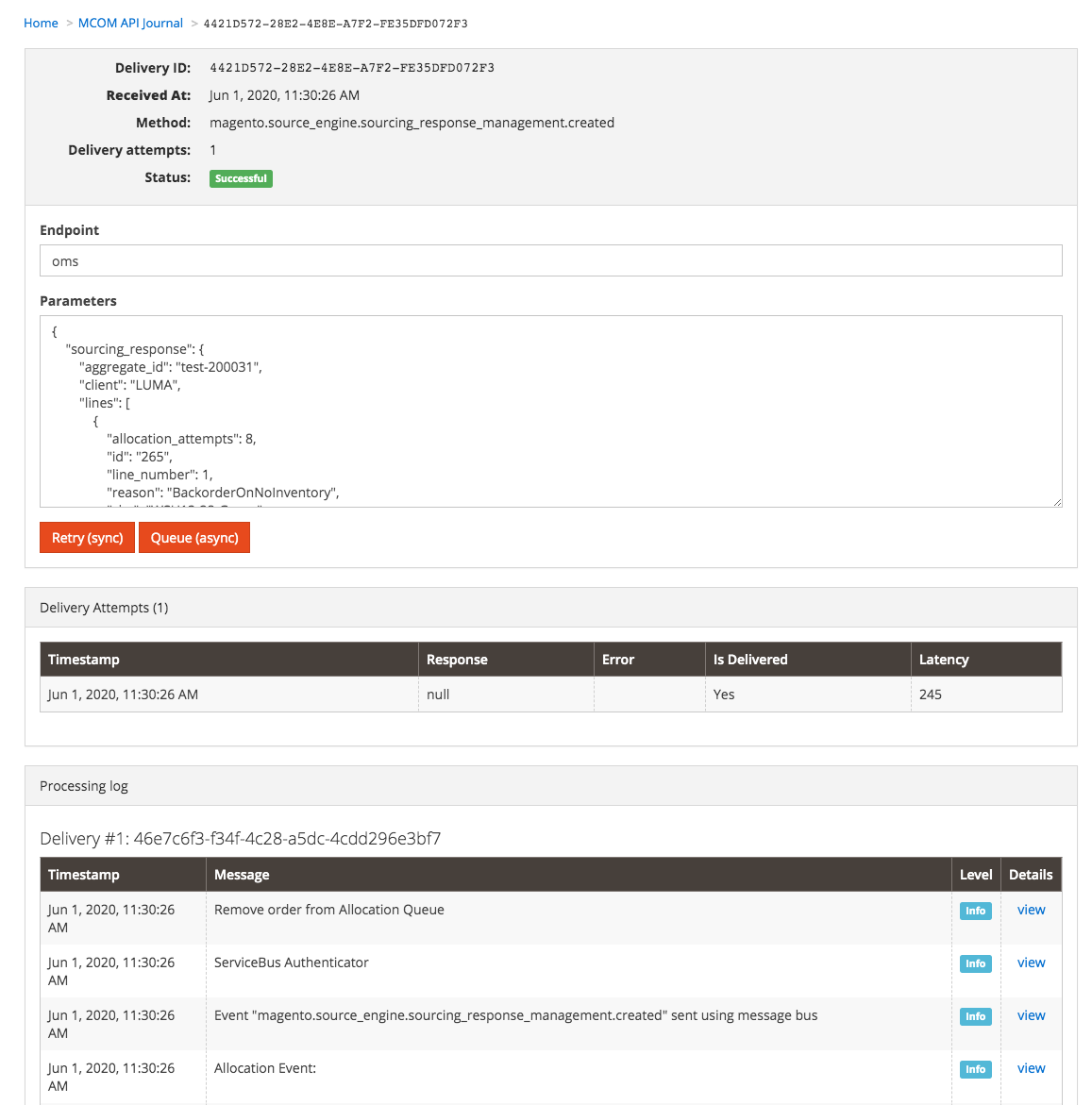 Details view for a message in the API Journal